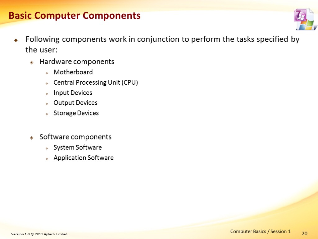 20 Basic Computer Components Following components work in conjunction to perform the tasks specified